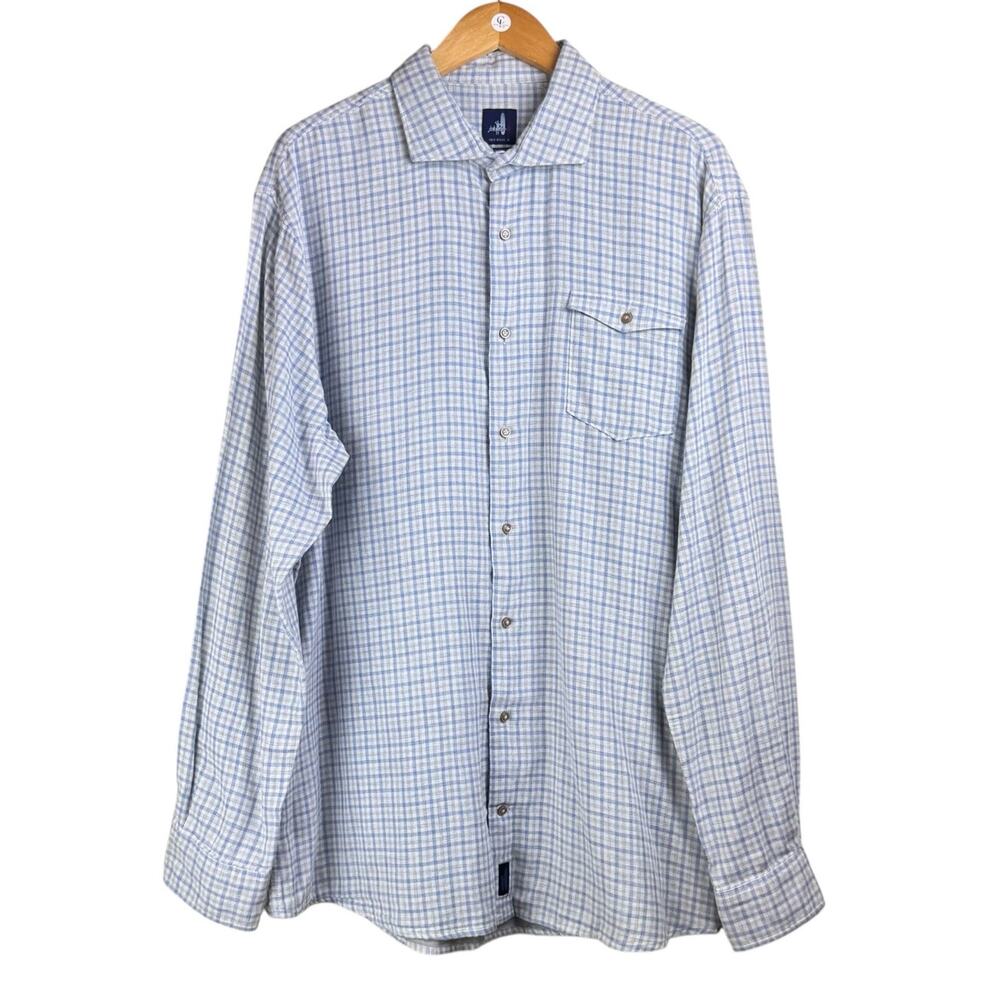 Johnnie-O Blue Gray Plaid Long Sleeve Collar Button Up Lightweight Shirt Pocket